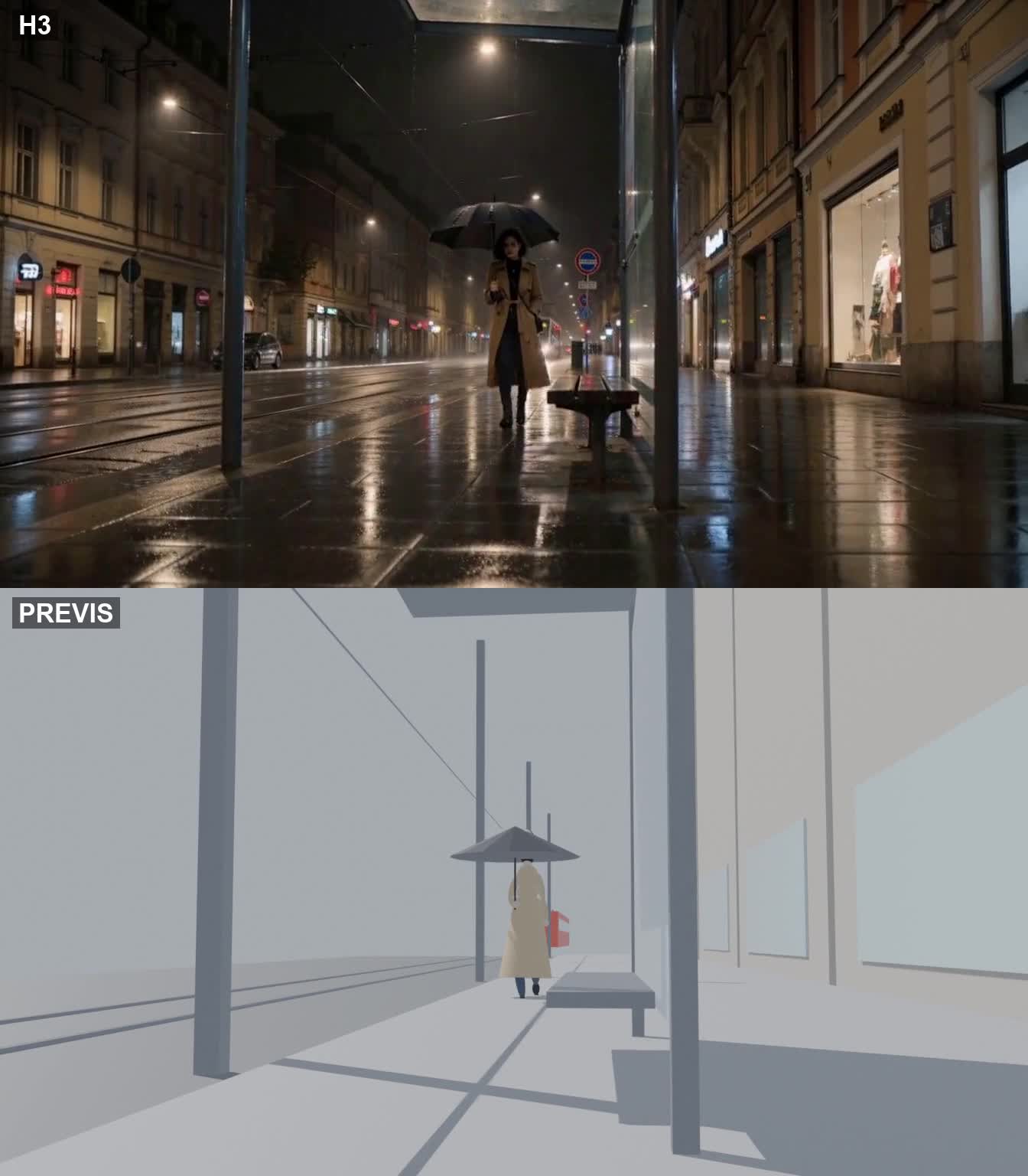 Città piovosa e tram: AI generata in alto, previs in basso