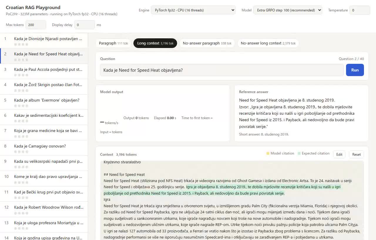 PyTorch fp32 in esecuzione su CPU mentre risponde a una domanda in un contesto lungo