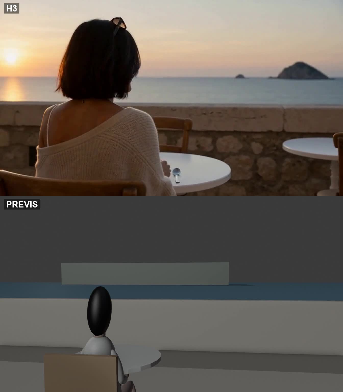 Caffè sul mare: AI generata in alto, previs in basso