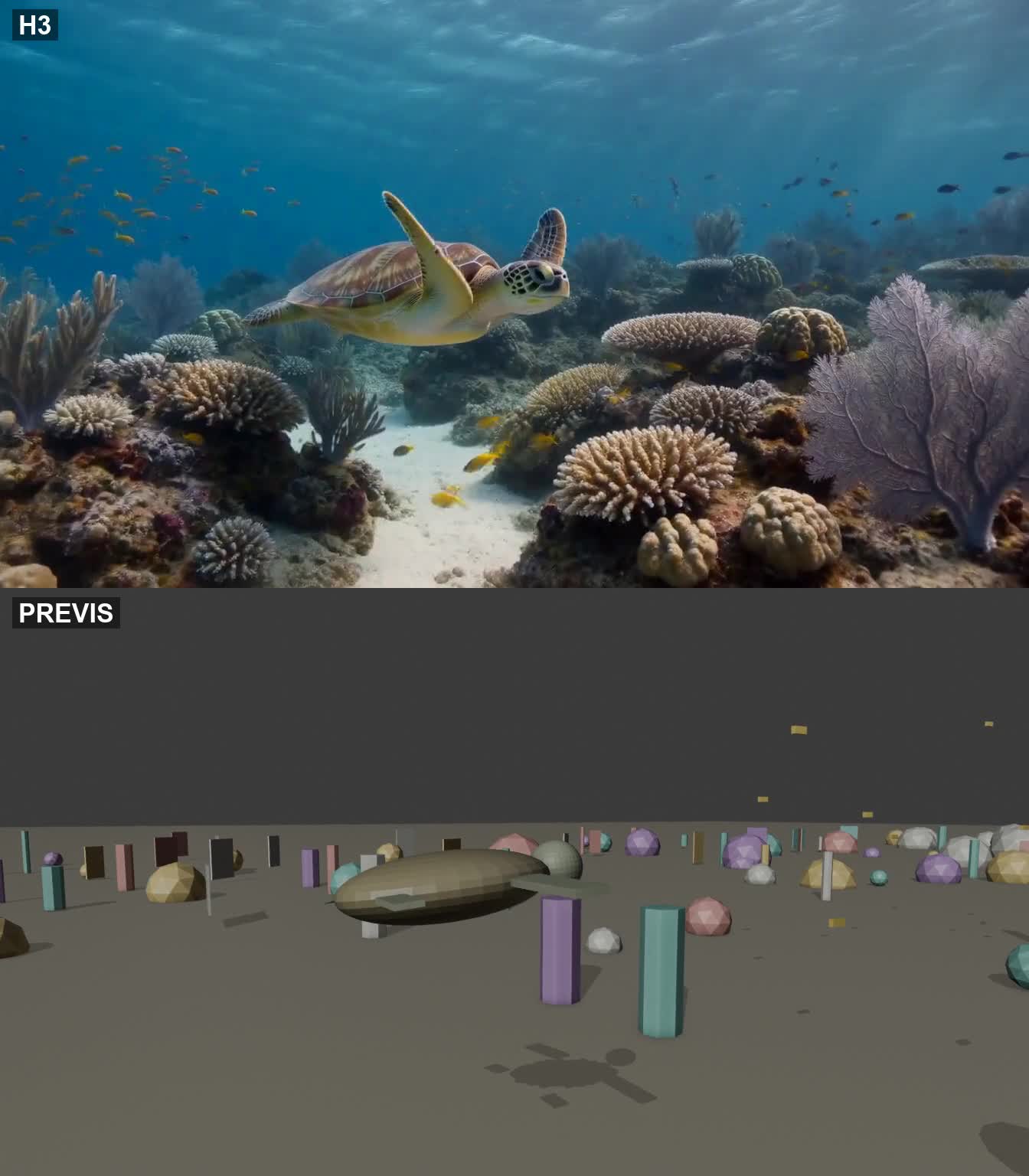 Tartaruga marina sott’acqua: AI generata in alto, previs in basso